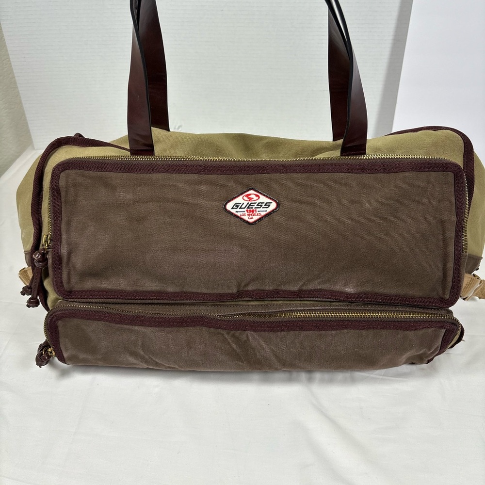 GUESS Canvas Duffel Travel Bag Weekender Tote Brown Tan Leather Trim TMRODEP1335